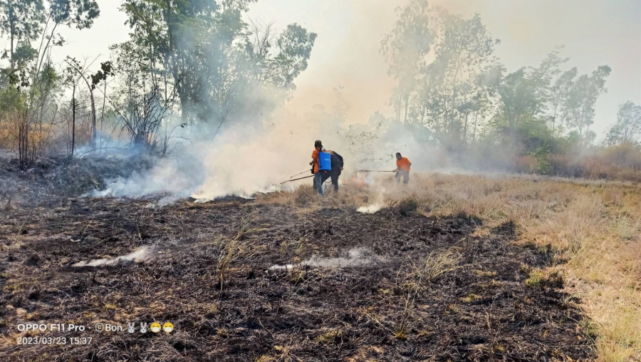 เจ้าหน้าที่องค์การบริหารส่วนตำบลห้วยข่า ออกปฏิบัติหน้าที่ดับไฟไหม้ป่าวัชพืช/ไฟลามทุ่งเพื่อบรรเทาความเดือดร้อนของประชาชน